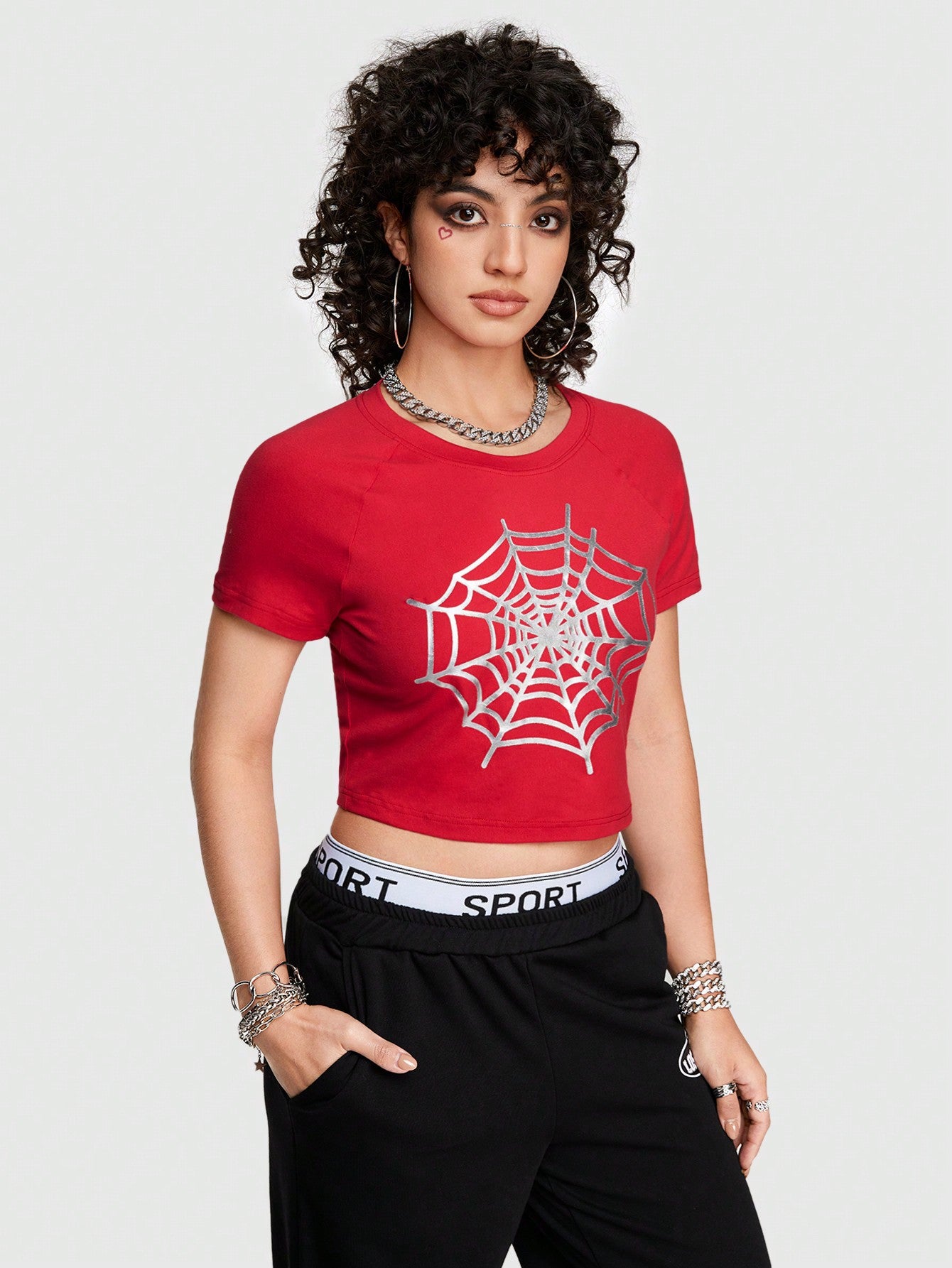 ROMWE Street Life Camiseta Ajustada Impresa Con Telaraña
