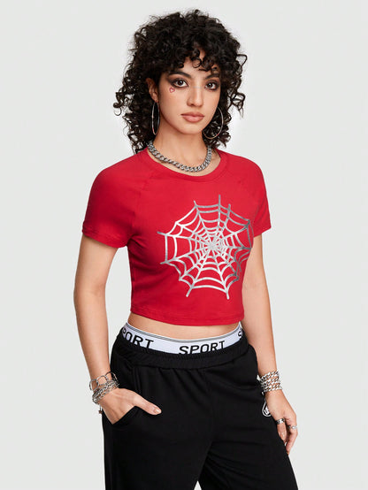 ROMWE Street Life Camiseta Ajustada Impresa Con Telaraña