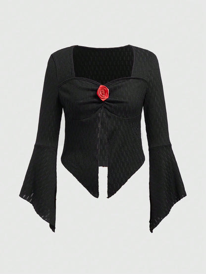 ROMWE Kawaii Camiseta De Mujer Con Manga Acampanada Y Dobladillo Dividido