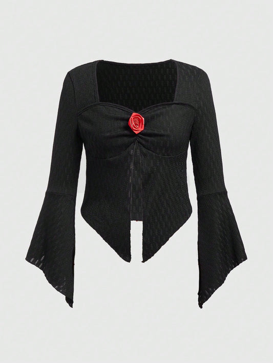 ROMWE Kawaii Camiseta De Mujer Con Manga Acampanada Y Dobladillo Dividido