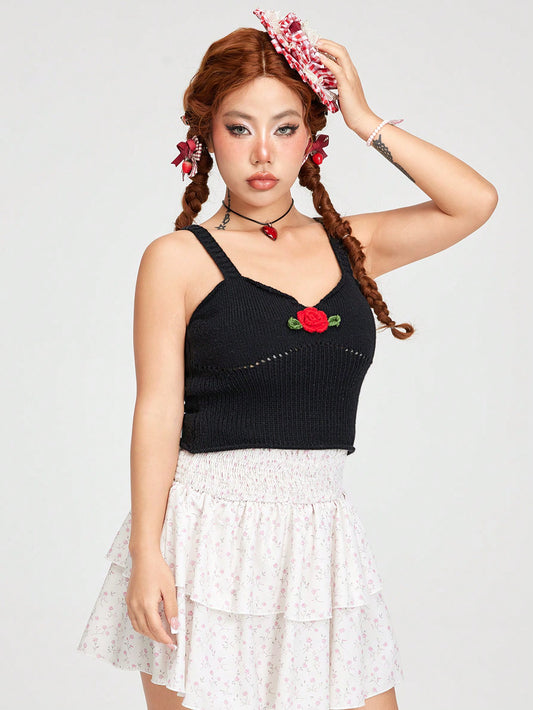 ROMWE Kawaii Top de punto de verano para mujer dulce y encantador decorado con rosas