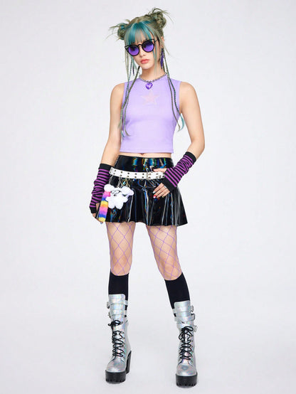 ROMWE Kawaii Top corto acanalado con bordado de estrella para el verano estilo Y2K