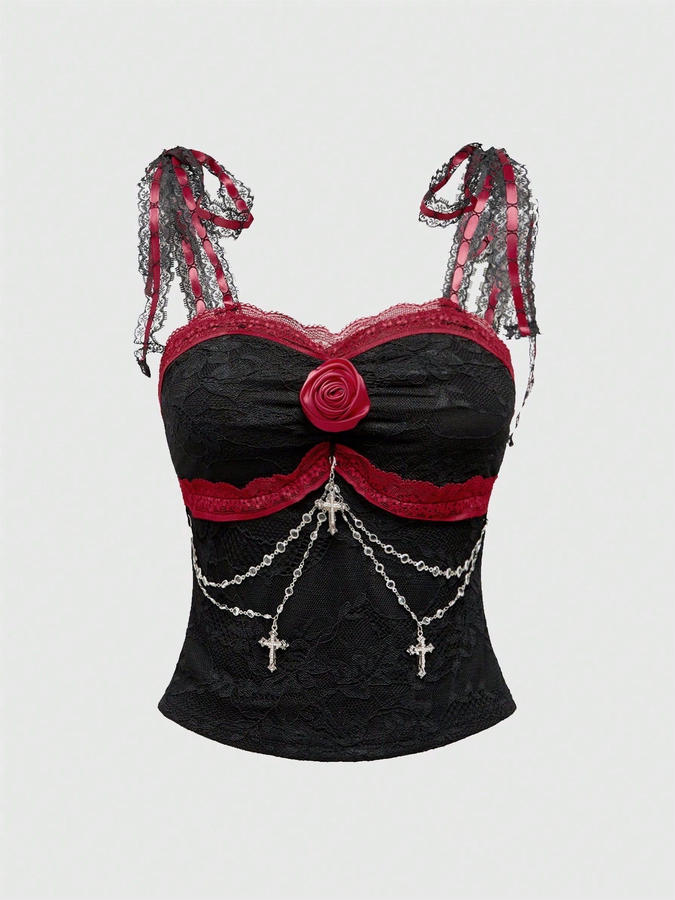 ROMWE Goth Top de encaje con cordones, decorado con una cruz gótica y flor en el pecho, para mujer, ideal para Navidad