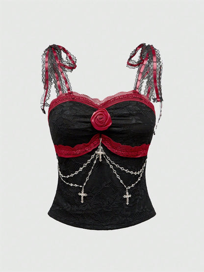 ROMWE Goth Top de encaje con cordones, decorado con una cruz gótica y flor en el pecho, para mujer, ideal para Navidad