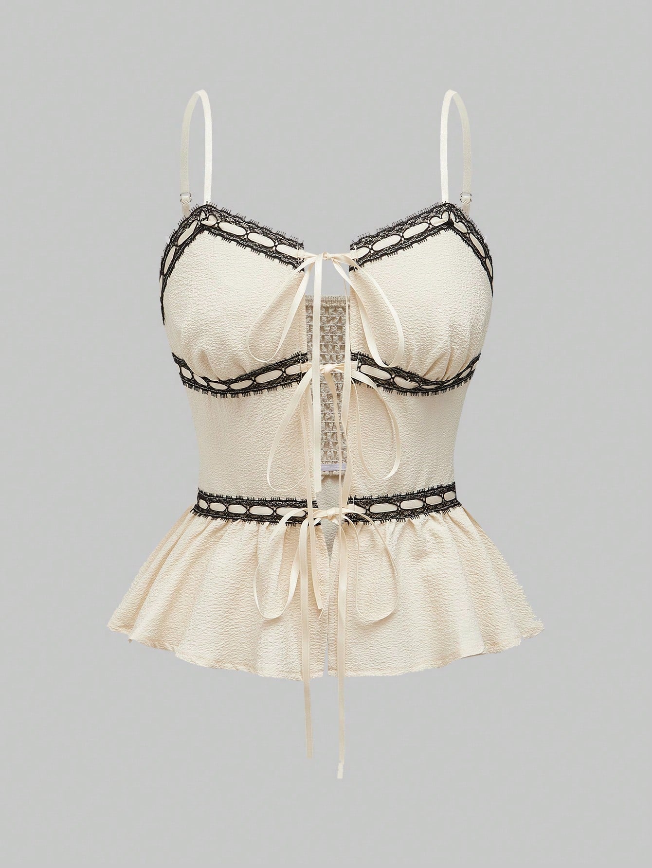 ROMWE Kawaii Top de encaje de verano con espalda de nadador, ribete de volantes y cintas delanteras para mujer