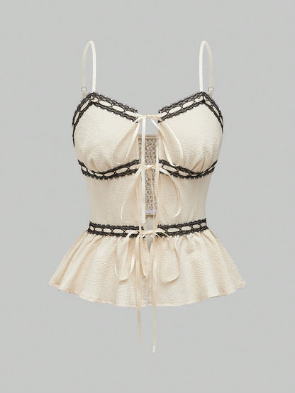 ROMWE Kawaii Top de encaje de verano con espalda de nadador, ribete de volantes y cintas delanteras para mujer