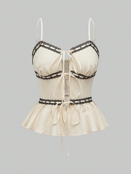 ROMWE Kawaii Top de encaje de verano con espalda de nadador, ribete de volantes y cintas delanteras para mujer