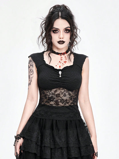 ROMWE Goth Top de tanque con adorno de colgante de diamante con corte bajo y ajuste delgado para mujer, con encaje empalmado y diseño hueco