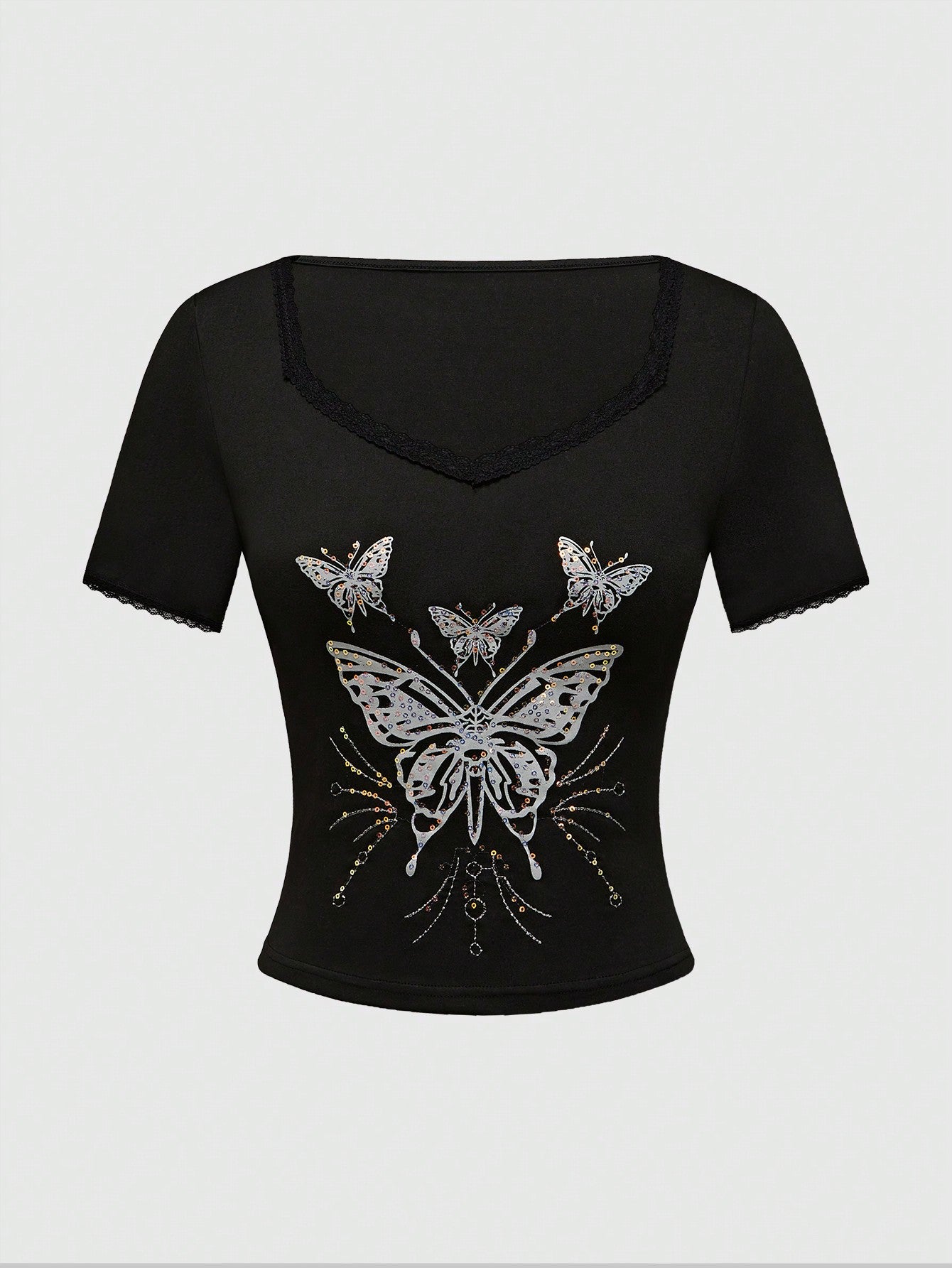 ROMWE Fairycore Camiseta entallada de manga corta para mujer con cuello cuadrado y parche de encaje bordado con cuentas de mariposa