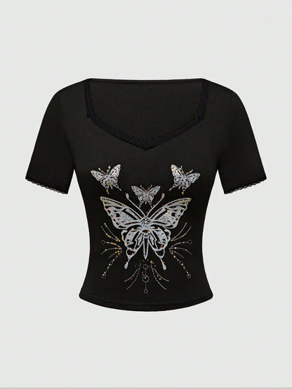 ROMWE Fairycore Camiseta entallada de manga corta para mujer con cuello cuadrado y parche de encaje bordado con cuentas de mariposa