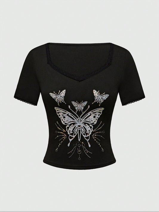 ROMWE Fairycore Camiseta entallada de manga corta para mujer con cuello cuadrado y parche de encaje bordado con cuentas de mariposa