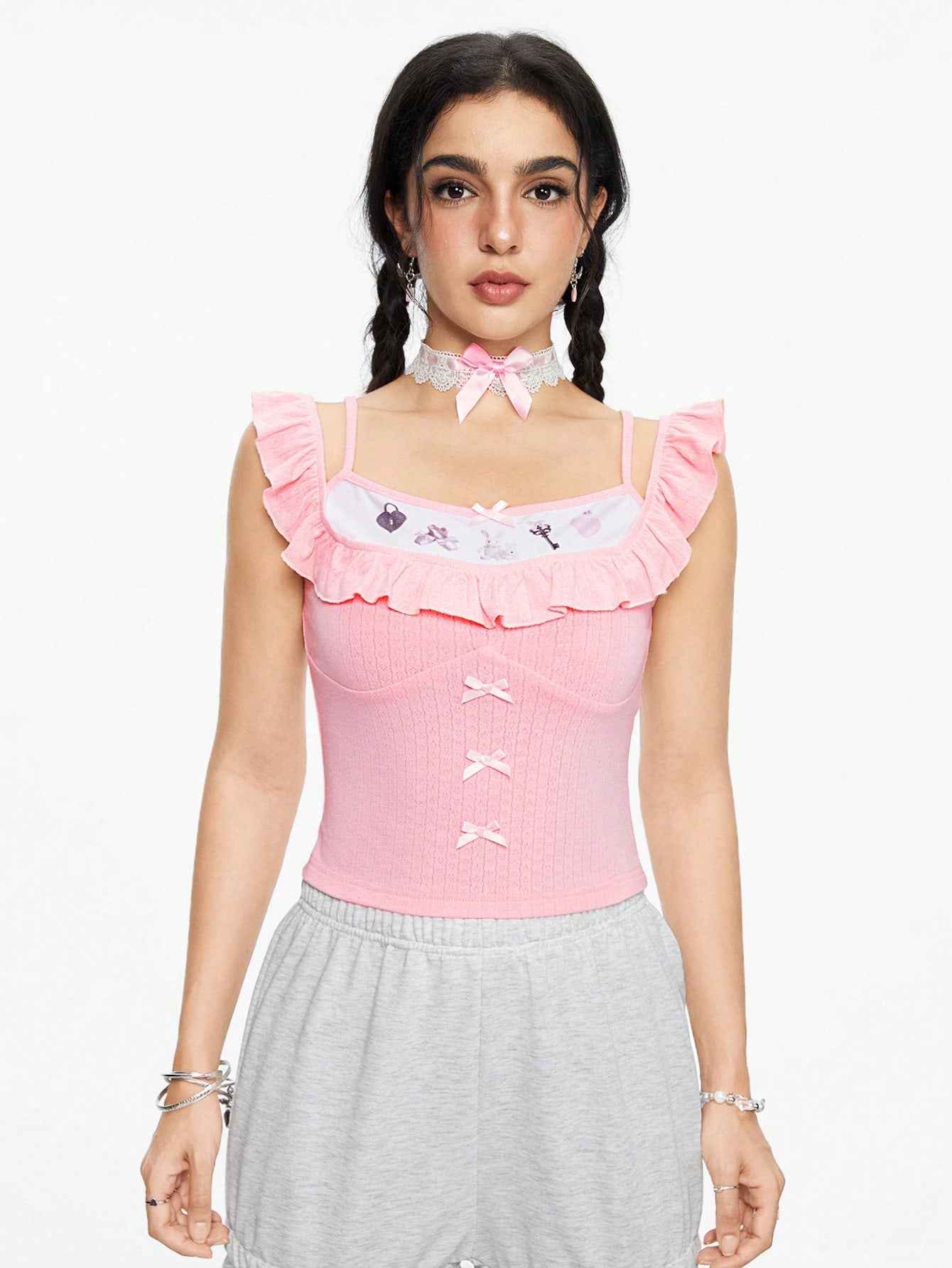 ROMWE Kawaii 1 pieza Blusa de tela texturizada con estampado de conejito y volantes, estilo niña inocente y lindo 2 en 1 para mujer