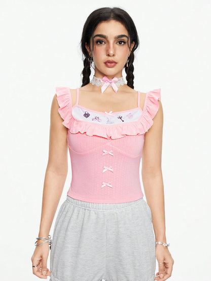 ROMWE Kawaii 1 pieza Blusa de tela texturizada con estampado de conejito y volantes, estilo niña inocente y lindo 2 en 1 para mujer