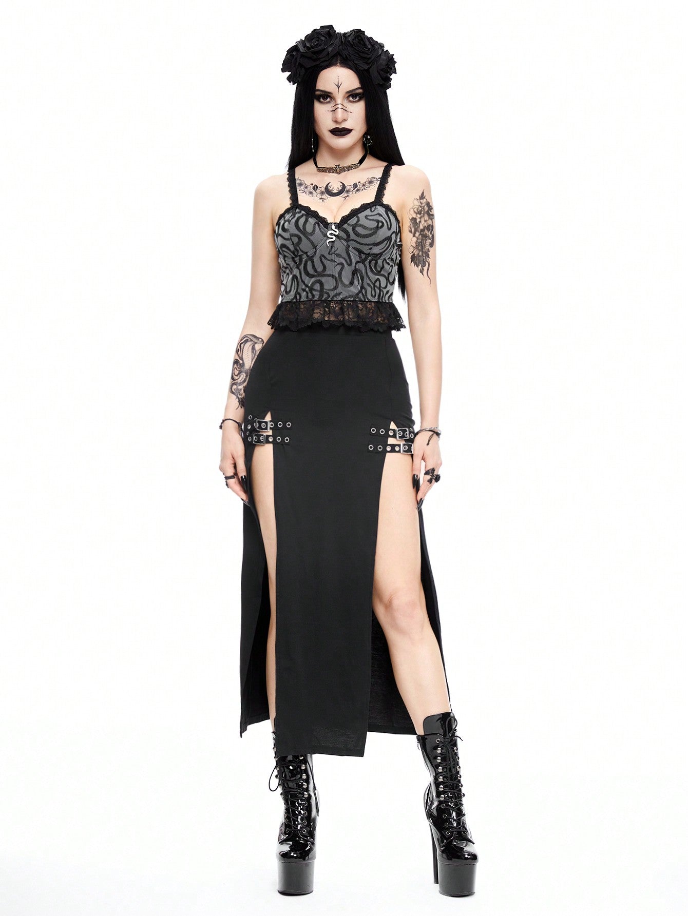 ROMWE Goth Camiseta sin mangas gótica de estampado de serpiente con bordado para mujer en verano