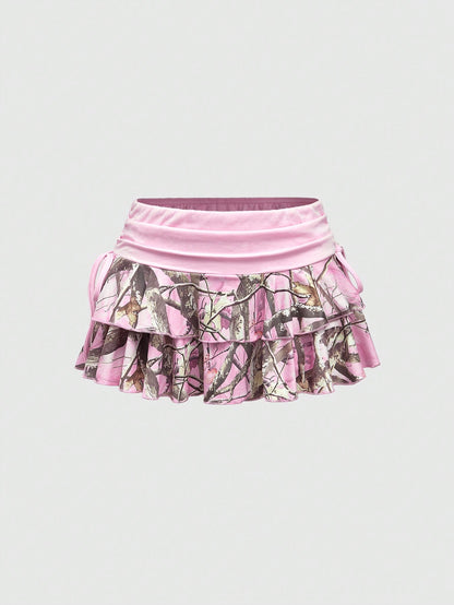 ROMWE Grunge Punk Minifalda sexy de cintura ultra baja con estampado de ramas de árboles en colores block para mujeres, inspirada en la subcultura Y2K