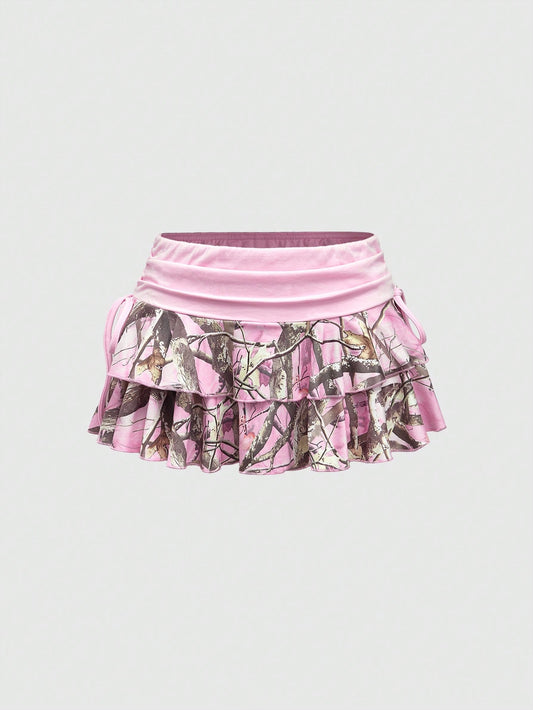 ROMWE Grunge Punk Minifalda sexy de cintura ultra baja con estampado de ramas de árboles en colores block para mujeres, inspirada en la subcultura Y2K