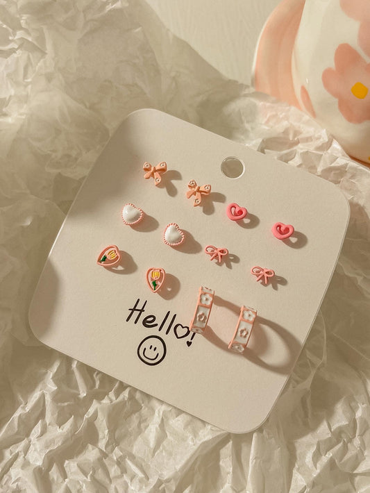 6 pares/set de pendientes con decoración de lazo y corazón