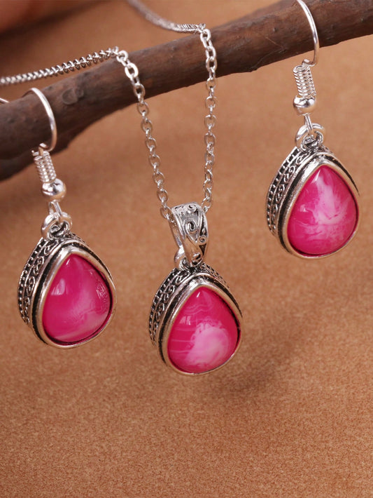 Conjunto de collar y aretes color fucsia, diseños clásicos, múltiples opciones disponibles para mujeres
