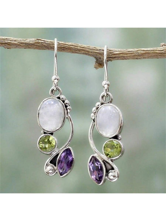 1 par de pendientes colgantes de mujer con flor y piedra lunar simulada vintage, con circonita cúbica simulada multicolor