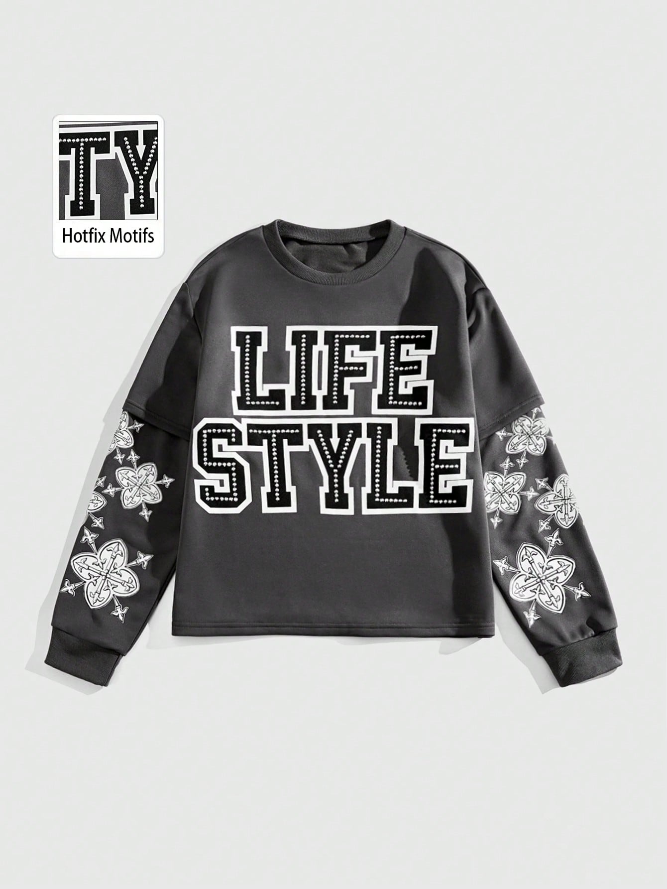 ROMWE Street Life Sudadera casual de cuello redondo con estampado de letras y flores, de manga larga, para hombre, para otoño
