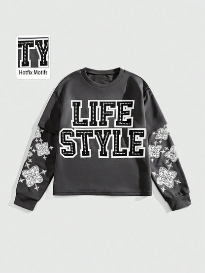 ROMWE Street Life Sudadera casual de cuello redondo con estampado de letras y flores, de manga larga, para hombre, para otoño