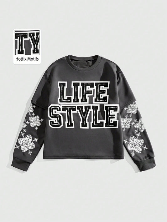 ROMWE Street Life Sudadera casual de cuello redondo con estampado de letras y flores, de manga larga, para hombre, para otoño
