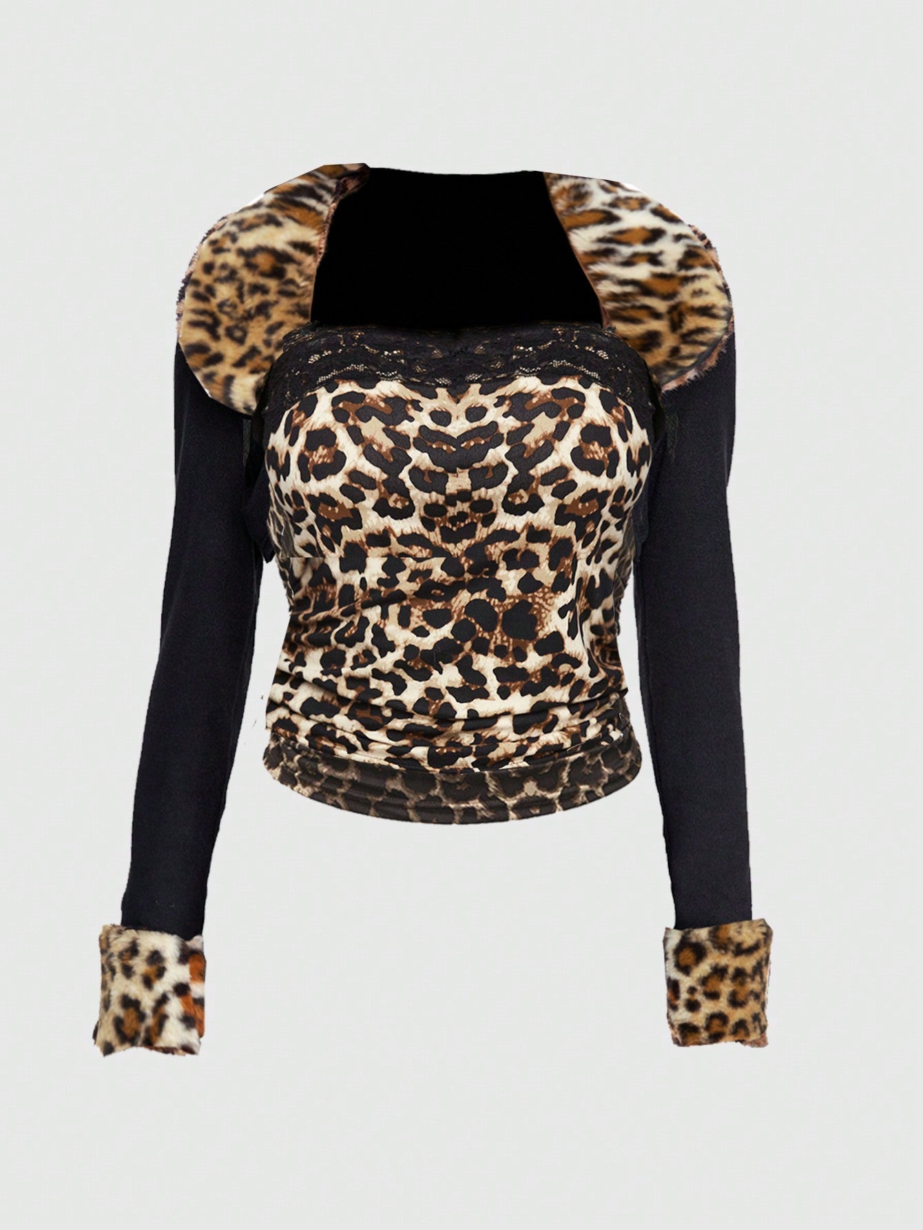 ROMWE Grunge Punk Conjunto de 2 piezas para mujer con top bandeau con encaje con estampado de leopardo y chaqueta bolero