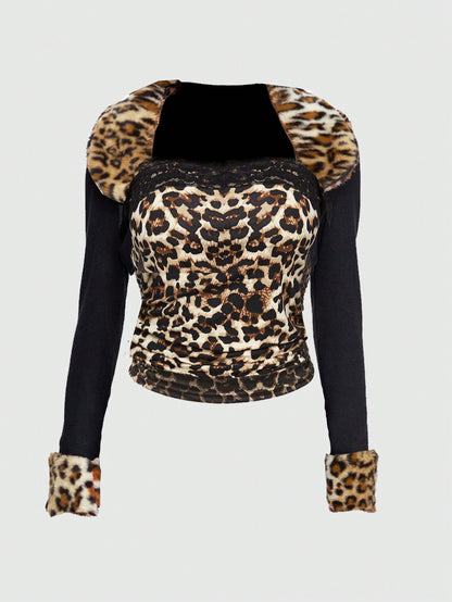 ROMWE Grunge Punk Conjunto de 2 piezas para mujer con top bandeau con encaje con estampado de leopardo y chaqueta bolero