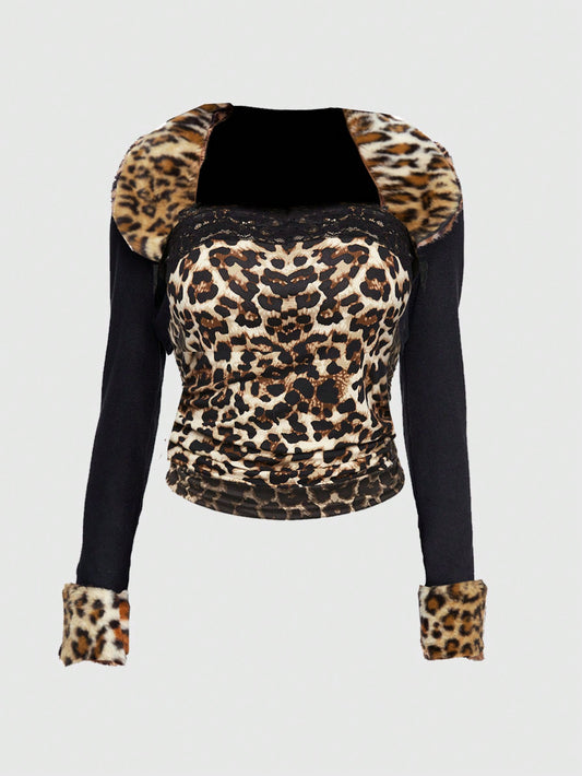 ROMWE Grunge Punk Conjunto de 2 piezas para mujer con top bandeau con encaje con estampado de leopardo y chaqueta bolero