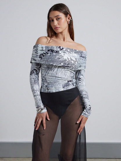AiiRZ Top con mangas largas arrugado, escote asimétrico y estampado