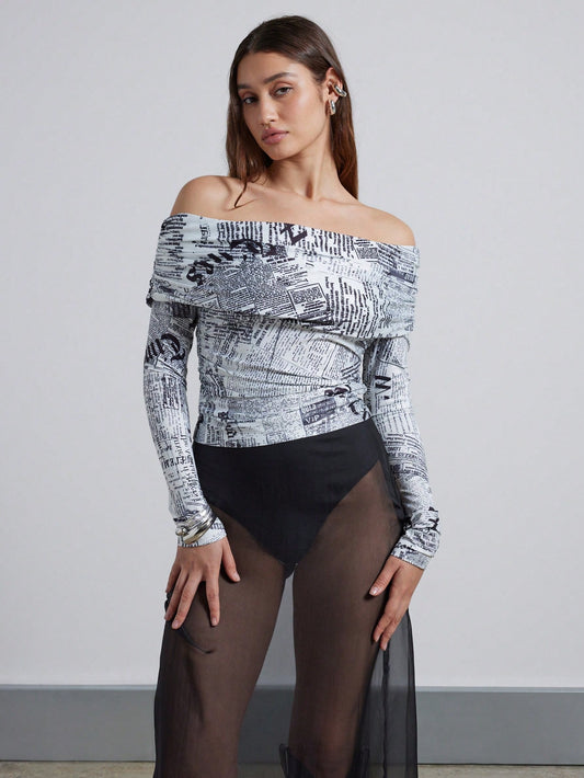 AiiRZ Top con mangas largas arrugado, escote asimétrico y estampado
