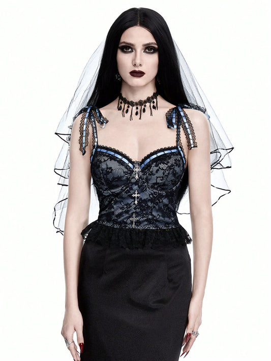 ROMWE Goth Camiseta sin mangas para mujer con tirantes con corbata y bloque de color de tela de encaje decorada con cruz gótica