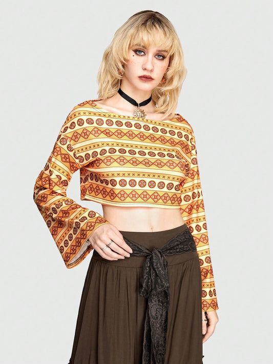 ROMWE Hippie Camiseta De Manga Campana Con Patrón Geométrico Para Mujeres