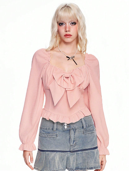 ROMWE Kawaii Blusa de mujer de manga larga con decoración de lazo y diseño de burbujas dulce y lindo