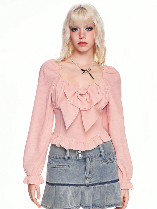 ROMWE Kawaii Blusa de mujer de manga larga con decoración de lazo y diseño de burbujas dulce y lindo