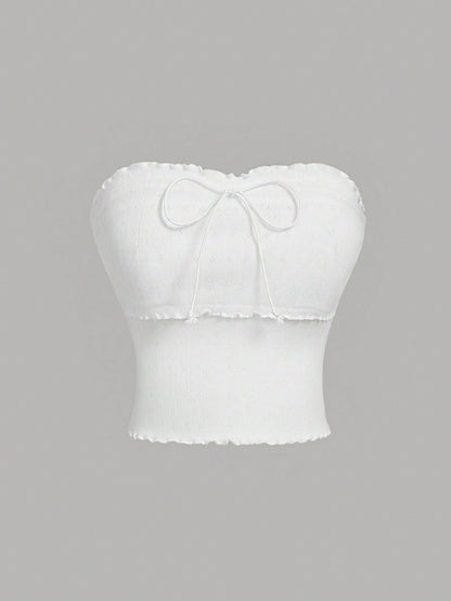 SHEIN MOD Blusa Bandeau De Jacquard Blanco Para Mujer Con Lazos
