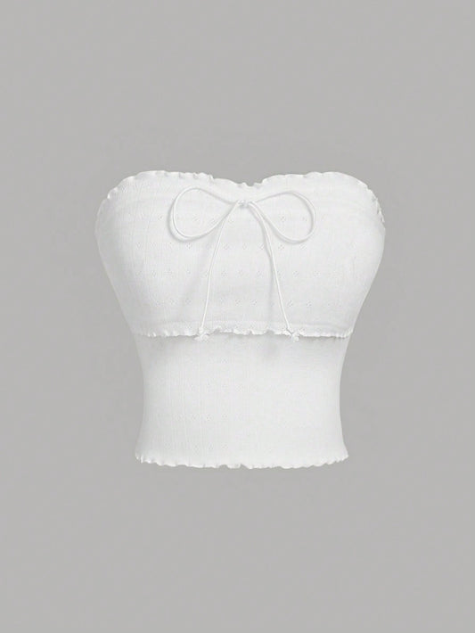 SHEIN MOD Blusa Bandeau De Jacquard Blanco Para Mujer Con Lazos