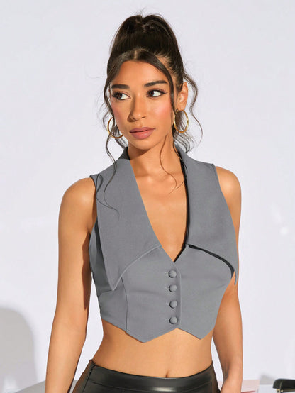 SHEIN SXY Blazer sin mangas de unicolor con dobladillo asimétrico, ropa de mujer para otoño, verano