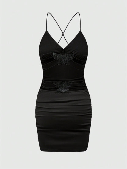 ROMWE Vestido de mujer sexy ajustado con pliegues, sin espalda y corbata de mariposa