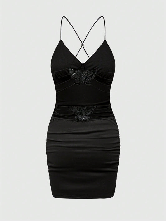 ROMWE Vestido de mujer sexy ajustado con pliegues, sin espalda y corbata de mariposa