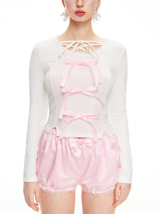 ROMWE Kawaii Camiseta informal con lazo y encaje al estilo de bailarina para mujeres