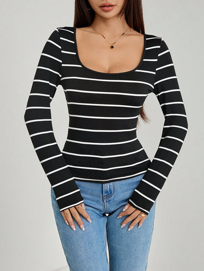 SHEIN PETITE Camiseta de mujer de cuello de pico y silueta ajustada con rayas