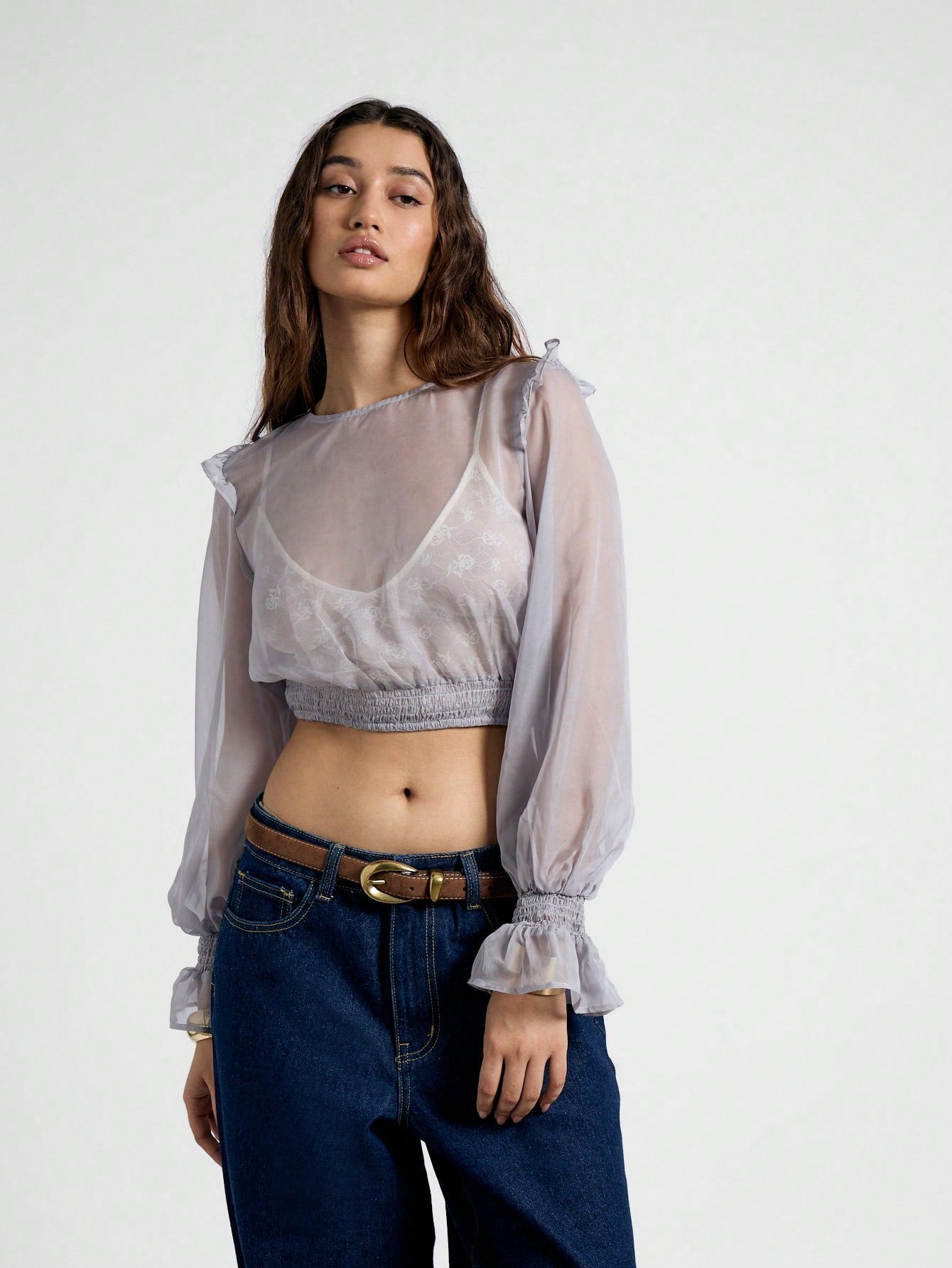 AiiRZ Blusa corta con mangas globo con volantes y transparencia