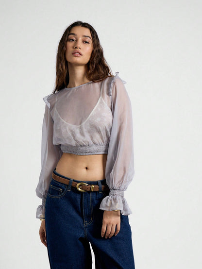 AiiRZ Blusa corta con mangas globo con volantes y transparencia