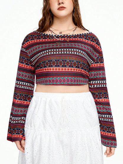ROMWE Hippie Camiseta de rayas bohemias de talla grande con cuello de barco, manga ancha acampanada y longitud recortada, ideal para vacaciones