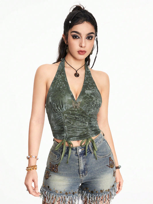 ROMWE Hippie Top sin mangas de mariposa de metal con cordón y lazo de estilo bohemio para mujeres