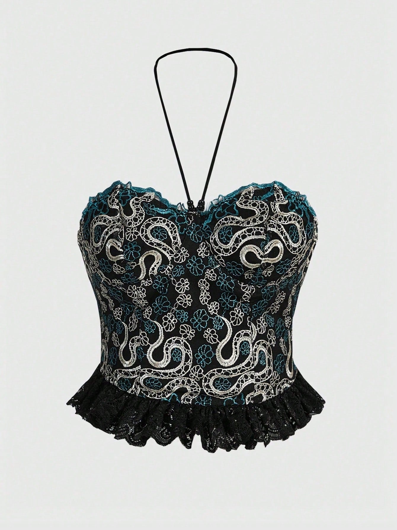 ROMWE Goth Top De Cuello Halter Para Mujer Con Diseño Sexy De Serpiente, Flores Y Encajes Para Vacaciones