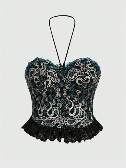 ROMWE Goth Top De Cuello Halter Para Mujer Con Diseño Sexy De Serpiente, Flores Y Encajes Para Vacaciones