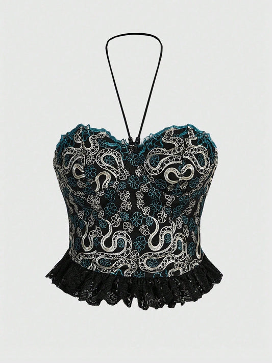 ROMWE Goth Top De Cuello Halter Para Mujer Con Diseño Sexy De Serpiente, Flores Y Encajes Para Vacaciones