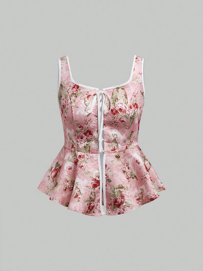 ROMWE Kawaii Top de tanque de camisola con estampado floral para Mujeres en estilo de vacaciones